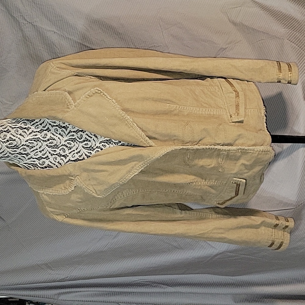 Khaki Jacket Frayed Edges Gold Accents‎ Casual Chic Neutral Tones